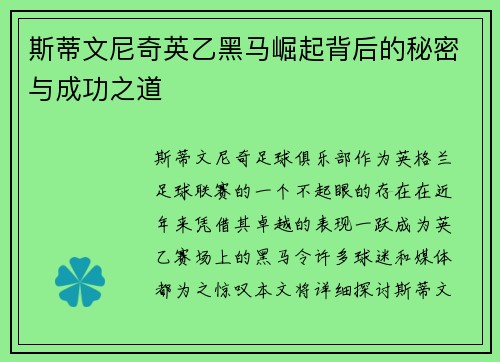 斯蒂文尼奇英乙黑马崛起背后的秘密与成功之道