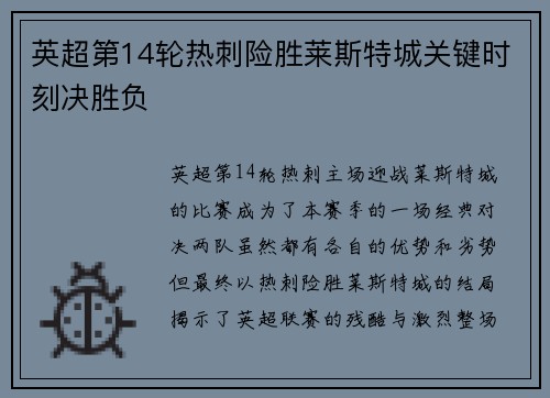 英超第14轮热刺险胜莱斯特城关键时刻决胜负