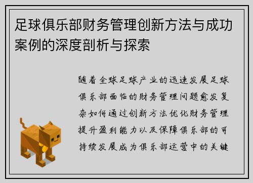 足球俱乐部财务管理创新方法与成功案例的深度剖析与探索